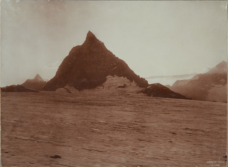 Matterhorn and Dent D'Herens (at sunset), from moraine of Ober-Theodul Glacier